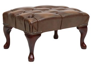 QUEEN ANNE STYLE BUTTON-TUFTED LEATHER FOOTSTOOL