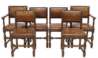 (6) ENGLISH OAK & LEATHER SIDE & ARMCHAIRS