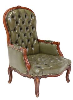 LOUIS XV STYLE TUFTED GREEN LEATHER BERGERE