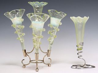 (2) OPALESCENT VASELINE GLASS EPERGNE CENTERPIECES