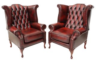(2) ENGLISH TUFTED OXBLOOD LEATHER WING ARMCHAIRS