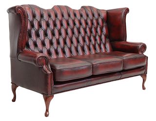 ENGLISH TUFTED OXBLOOD LEATHER WING SOFA