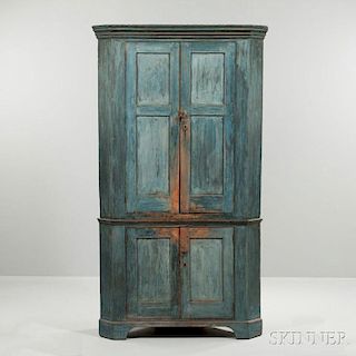 Blue-painted Pine Corner Cupboard