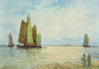 SIGNED BELLO OIL PAINTING SHIPS AT SEA, 27" X 38"
