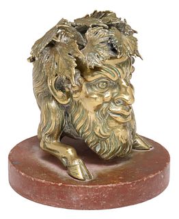 CAST GILT METAL INKWELL BACCHUS ON MARBLE BASE