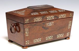ENGLISH REGENCY MOTHER-OF-PEARL ROSEWOOD TEA CADDY