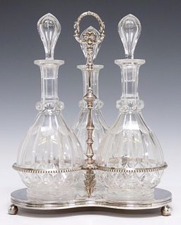 CUT GLASS DECANTERS IN SILVERPLATE STAND
