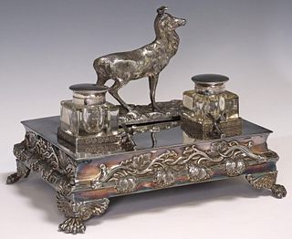 JAMES DEAKIN & SONS SILVERPLATE STAG INKSTAND