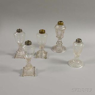 Five Colorless Pressed Glass Whale Oil Lamps.
