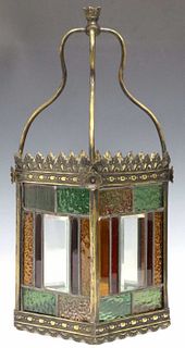 ENGLISH STAINED & LEADED GLASS HALL LANTERN