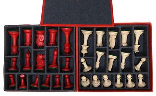 (LOT) ENGLISH CARVED & STAINED BONE CHESS SET