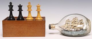 2) ENGLISH TABLE ITEMS, SHIP IN BOTTLE & CHESS SET