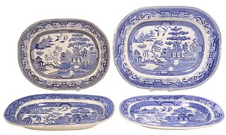 (4) ENGLISH STAFFORDSHIRE BLUE WILLOW PLATTERS