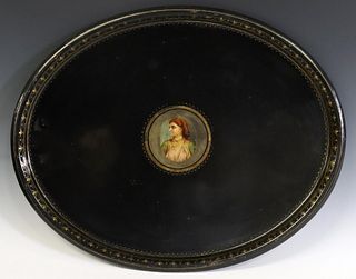 LARGE ENGLISH TOLE TRAY WITH ORIENTALIST PORTRAIT