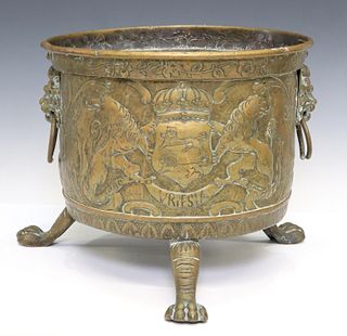 CONTINENTAL REPOUSSE BRASS ARMORIAL JARDINIERE