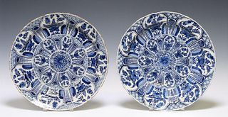 (2) LARGE DELFT CHINOISERIE BLUE & WHITE CHARGERS