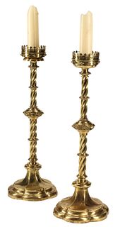 (2) LARGE GOTHIC REVIVAL BRASS CANDLE HOLDERS, 42.5"H
