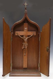 RELIGIOUS HANGING CABINET WITH CARVED CRUCIFIX