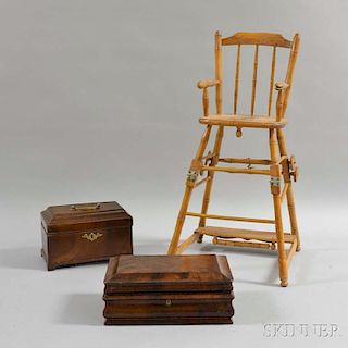 Walnut Tea Caddy, a Mahogany Veneer Ogee Box, and a Bamboo-turned High Chair.