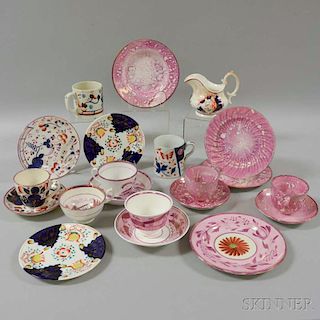 Twenty-one Pieces of Gaudy Welsh and Pink Lustre Tableware.