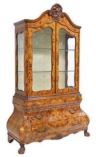 LARGE DUTCH MARQUETRY BOMBE DISPLAY CABINET