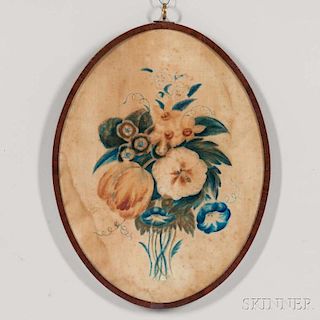 Framed Oval Watercolor on Velvet Theorem with Flowers