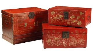 (3) CHINESE GILT-DECORATED RED-LACQUERED TRUNKS