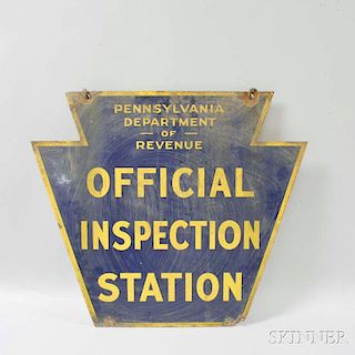 Pennsylvania Department of Revenue Official Inspection Station Painted Sheet Iron Sign