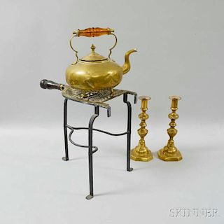 Two Brass Candlesticks, a Teakettle, and a Kettle Stand.