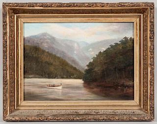 American School, 19th Century       River Scene with Mountains and a Steamboat.