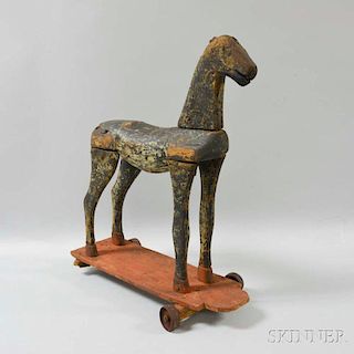 Primitive Carved and Painted Wood Horse Pull Toy