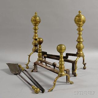 Two Pairs of Brass Andirons, a Pair of Tongs, and a Shovel.
