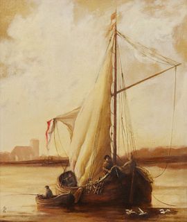 SIGNED PAINTING SAILING SHIP WITH FISHING BOATS