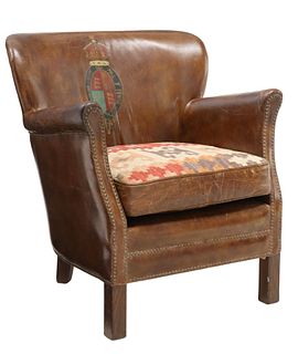 BROWN LEATHER CLUB CHAIR WITH KILIM SEAT
