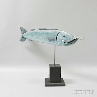 Carved and Painted Wood Feeding Fish Figure on Stand