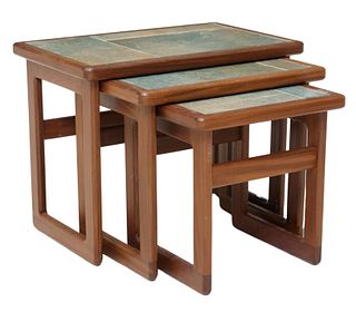 3) MID-CENTURY MODERN TILE-TOP TEAK NESTING TABLES