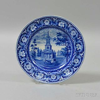Staffordshire Historical Blue Transfer-decorated Octagon Church, Boston, Soup Plate