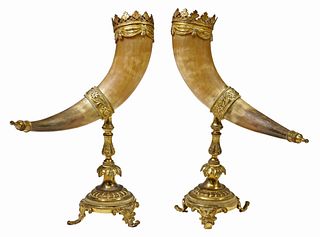 2) GILT METAL MOUNTED HORN DRINKING CUPS ON STANDS