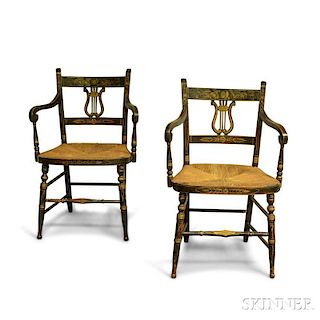 Pair of Classical Black-painted and Stencil-decorated Lyre-back Fancy Armchairs