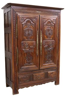 FRENCH PROVINCIAL HEAVILY CARVED OAK ARMOIRE, 1882