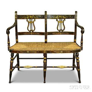 Black-painted and Stencil-decorated Lyre-back and Rush-seat Settee