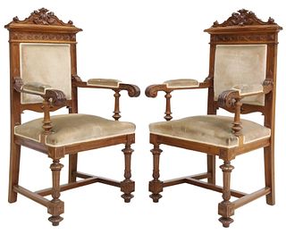 (2) FRENCH CARVED WALNUT UPHOLSTERED FAUTEUILS