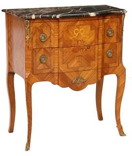 PETITE FRENCH MARBLE-TOP MARQUETRY COMMODE