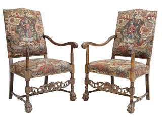 (2) FRENCH LOUIS XIII STYLE FAUTEUILS ON PAW FEET