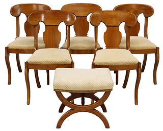 6) LOUIS PHILIPPE STYLE FRUITWOOD CHAIRS & OTTOMAN