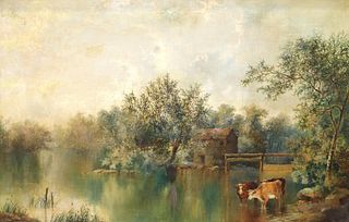 F.D. HARDY OIL PAINTING CATTLE WATERING AT STREAM