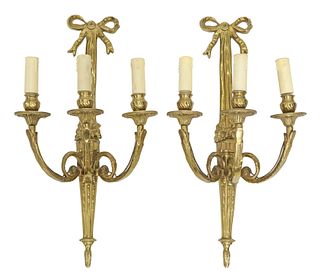 (2) FRENCH LOUIS XVI STYLE BRONZE 3LT WALL SCONCES