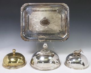 (4) SILVERPLATE CHEESE DOMES & SERVING TRAY