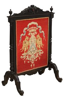FRENCH ARMORIAL NEEDLEWORK FIREPLACE SCREEN