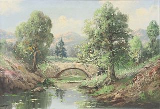 LUCIEN CHANAY (20TH C.) PAINTING STONE ARCH BRIDGE